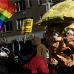 Papier mache head of trump used in a protest march